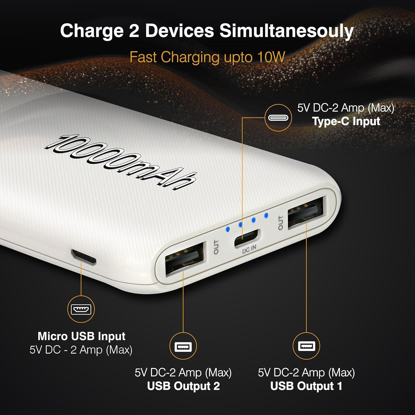 ERD PB-10KE Lithium-Polymer, 2 USB Output, 12W Power Bank, 10000mAh Type-C and Micro USB Input Ports, Compatible with Smartphones, Smart Watches, Neckbands & Other Devices,