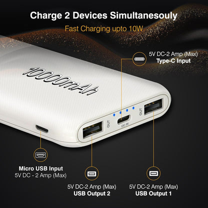 ERD PB-10KE Lithium-Polymer, 2 USB Output, 12W Power Bank, 10000mAh Type-C and Micro USB Input Ports, Compatible with Smartphones, Smart Watches, Neckbands & Other Devices,