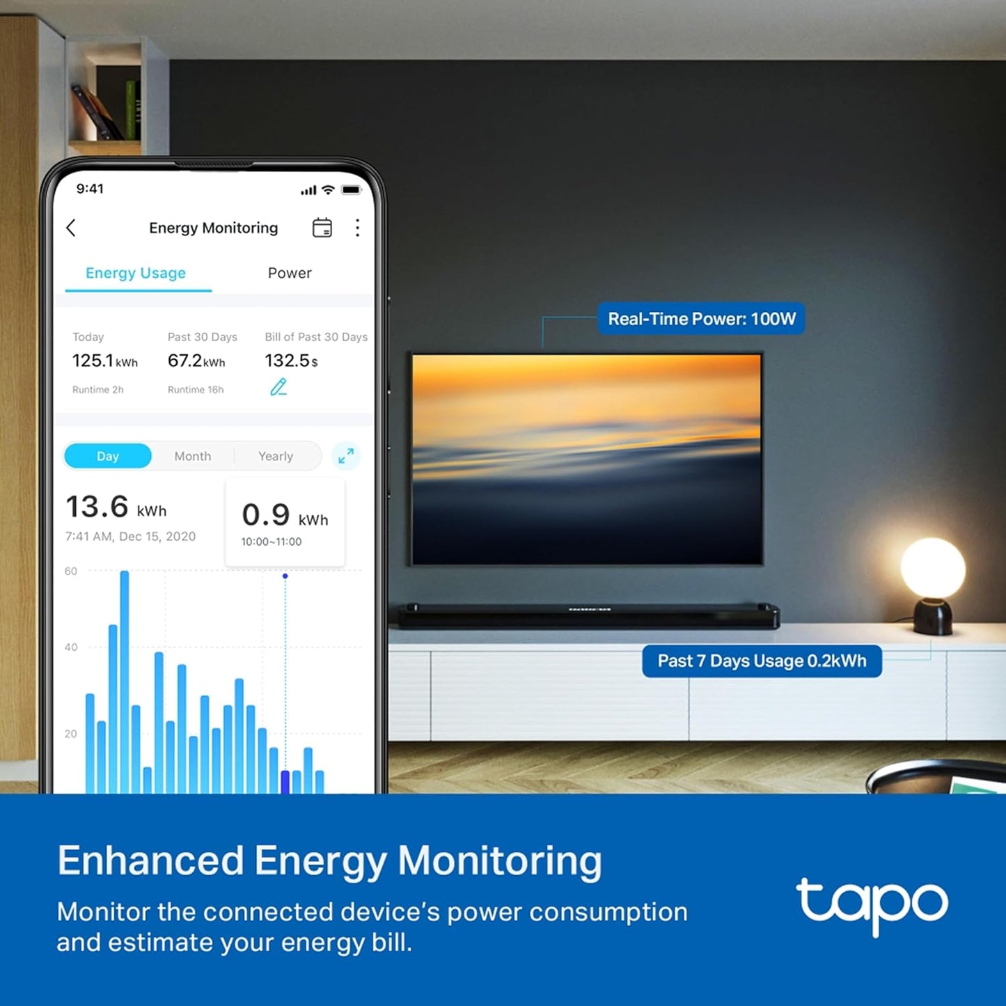Tapo P110 16A Wi-Fi Smart Plug with Energy Monitoring | Suitable for Large Appliances like Geysers, Microwave Ovens, Air Conditioners (Works with Alexa and Google Assistant)| 4-Way Safety Protection