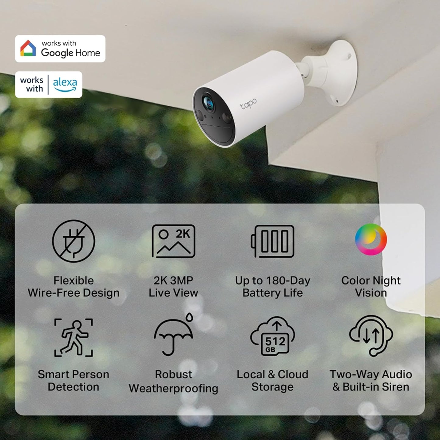 Tapo C410 Smart Security Wireless Battery Camera, 2K 3MP HD, Color Night Vision, Indoor/Outdoor, Rechargeable Battery Up to 180 Days No-Power Plugged, 2 Way Audio, IP65 Weatherproof, 100% Wire-Free