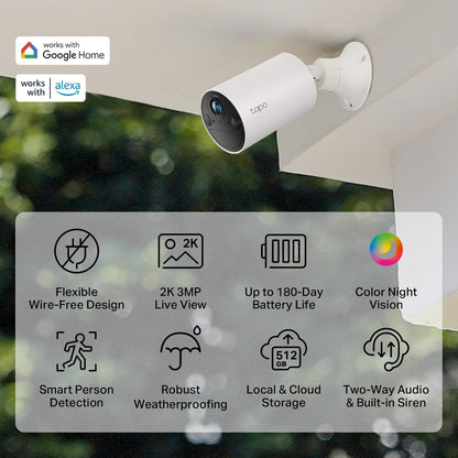 Tapo C410 Smart Security Wireless Battery Camera, 2K 3MP HD, Color Night Vision, Indoor/Outdoor, Rechargeable Battery Up to 180 Days No-Power Plugged, 2 Way Audio, IP65 Weatherproof, 100% Wire-Free