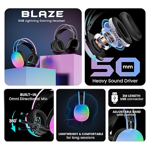 HAMMER Blaze Wired Over Ear Gaming Headphones with Mic, 50mm Drivers, Full RGB Lights, Gaming Headset with Adjustable Bands, Breathable earcushion, 1.5Mtr Wire with USB