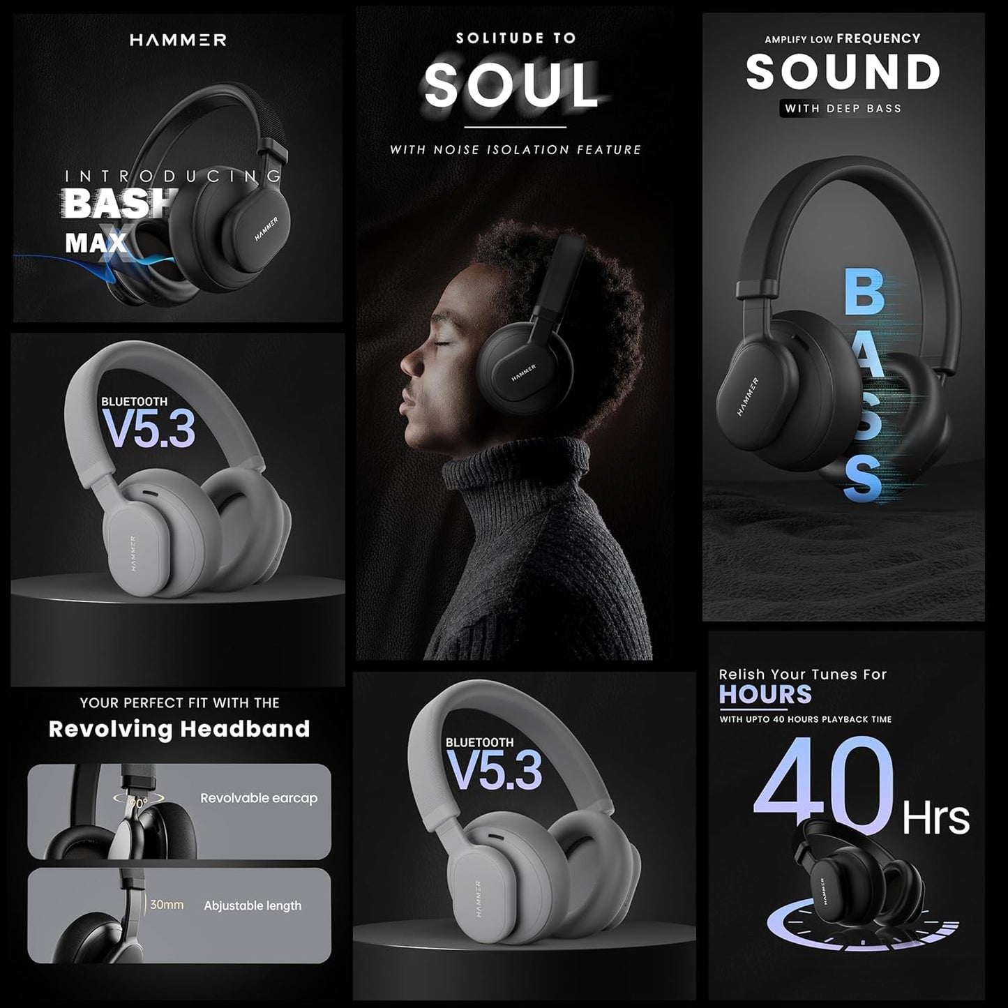 HAMMER Bash Max Over The Ear Wireless Bluetooth Headphones with Mic, Touch Control, Deep Bass, Upto 40 Hours Playtime, Bluetooth 5.3, Workout/Travel