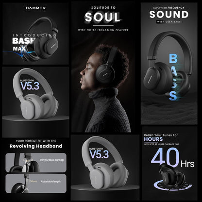 HAMMER Bash Max Over The Ear Wireless Bluetooth Headphones with Mic, Touch Control, Deep Bass, Upto 40 Hours Playtime, Bluetooth 5.3, Workout/Travel