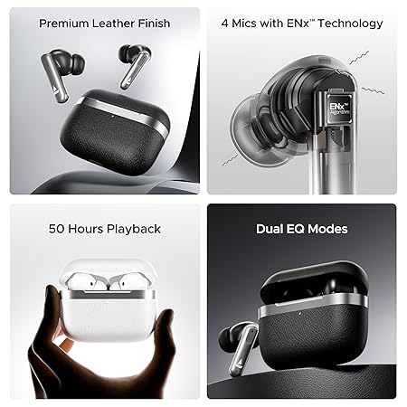 boAt Airdopes 111v2, Leather Finish, 4Mics ENx, 50H Battery, 13mm Drivers, Dual Pair,Stream Ad Free Music via App Support, Bluetooth TWS in Ear Earbuds Wireless Earphones with mic