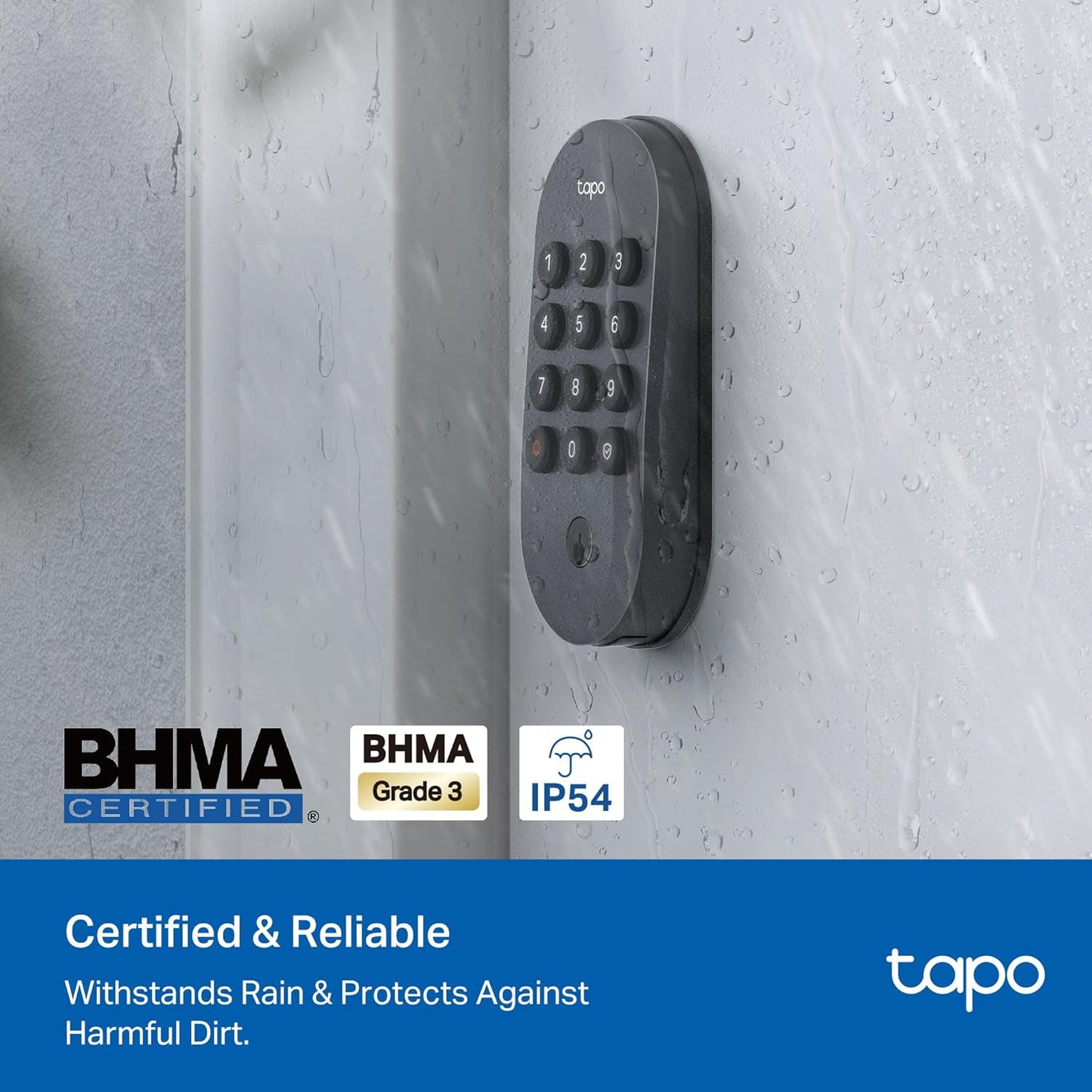 Tapo Smart Wi-Fi Deadbolt Door Lock ‚Äì Keyless Tactile Buttons, Customized Access with in-App Monitoring, Auto-Lock, IP54 Weatherproof, BHMA Grade 3, Compatible with Standard Door Sizes, Tapo DL100