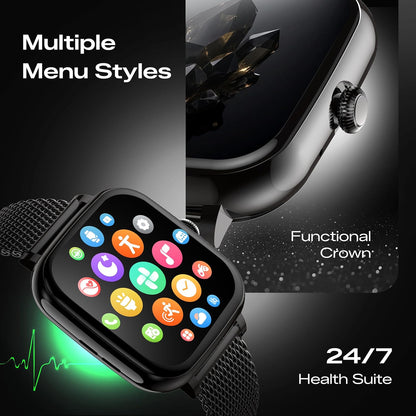 Fastrack Noir Rizz Women Smartwatch with 1.72" inch Ultra HD Display,Womens Health,AI Watchface & AI Chat,Functional Crown,24/7 Health Suite,BT Calling,IP68,Additional Silicone Strap,Games