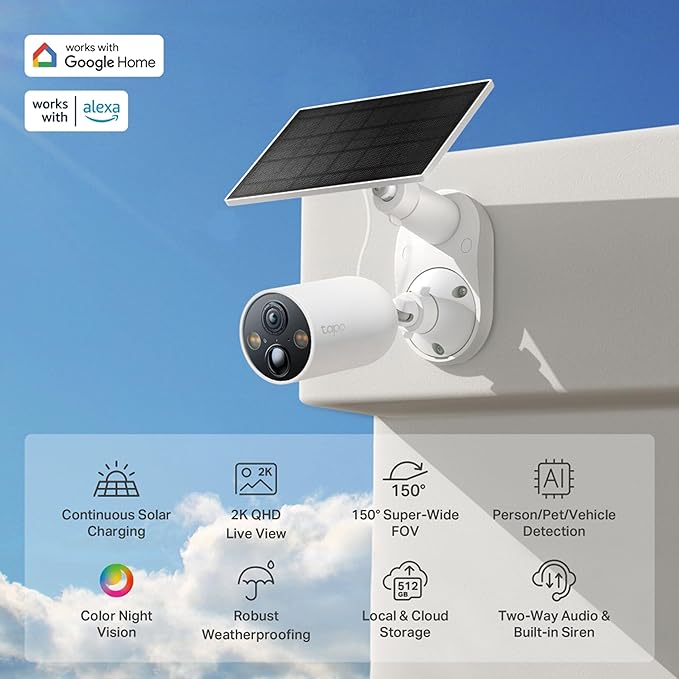 Tapo C425 KIT Smart Wire-Free Security Camera and Solar Panel | 2K QHD 4MP 1440p | Uninterrupted Power Supply |Color Night Vision | Free AI Detection | IP66 Weatherproof| Two-Way Audio