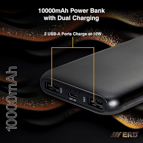 ERD PB-10KE Lithium-Polymer, 2 USB Output, 12W Power Bank, 10000mAh Type-C and Micro USB Input Ports, Compatible with Smartphones, Smart Watches, Neckbands & Other Devices,