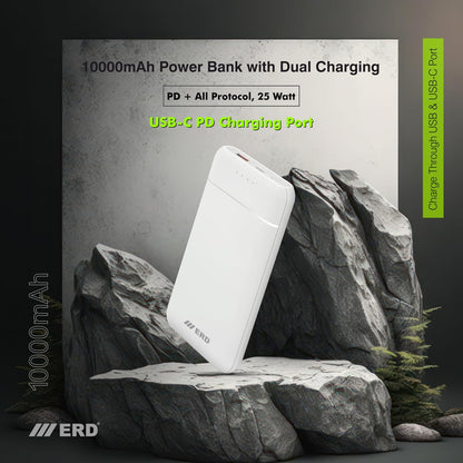 ERD PB-130 Lithium-Polymer 25W PD+QC Power Bank, Compatible with Smartphones, Smart Watches, Neckbands & Other Devices, 10000mAh Single Input Ports,