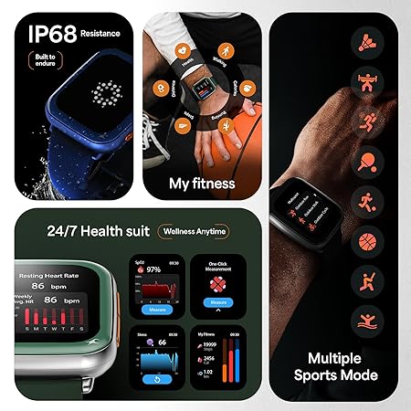 Fastrack Navstar 1.85" AMOLED Square Display Smart Watch with GPS, Offline Voice Command, AI Enabled, 100+ Sports Mode, BT Calling, IP68 Water Resistant Upto 5 Days Battery Life -Midnigt