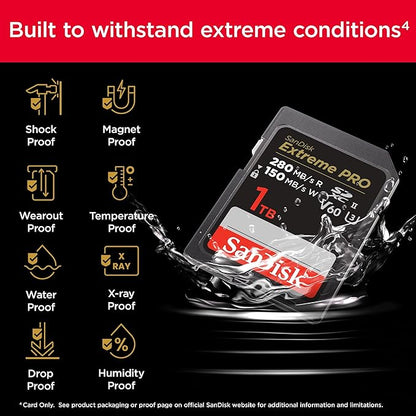 SanDisk Extreme PRO V60 UHS-II SD Cards, 280/150MB/s,V60,C10,UHS-II, for 6K Video Recording