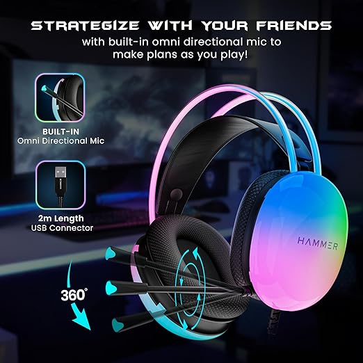 HAMMER Blaze Wired Over Ear Gaming Headphones with Mic, 50mm Drivers, Full RGB Lights, Gaming Headset with Adjustable Bands, Breathable earcushion, 1.5Mtr Wire with USB