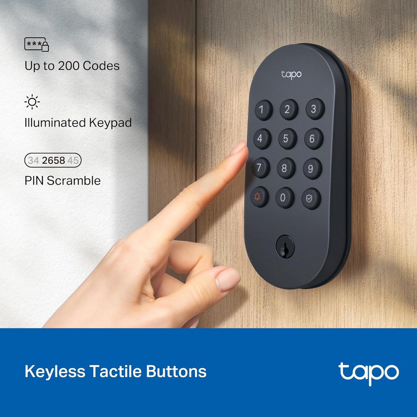 Tapo Smart Wi-Fi Deadbolt Door Lock ‚Äì Keyless Tactile Buttons, Customized Access with in-App Monitoring, Auto-Lock, IP54 Weatherproof, BHMA Grade 3, Compatible with Standard Door Sizes, Tapo DL100