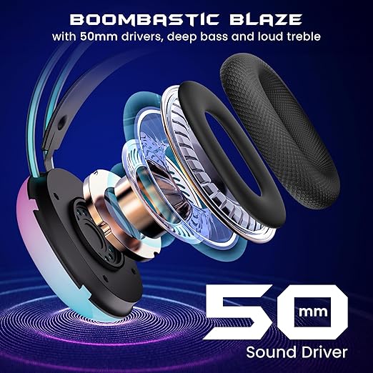 HAMMER Blaze Wired Over Ear Gaming Headphones with Mic, 50mm Drivers, Full RGB Lights, Gaming Headset with Adjustable Bands, Breathable earcushion, 1.5Mtr Wire with USB