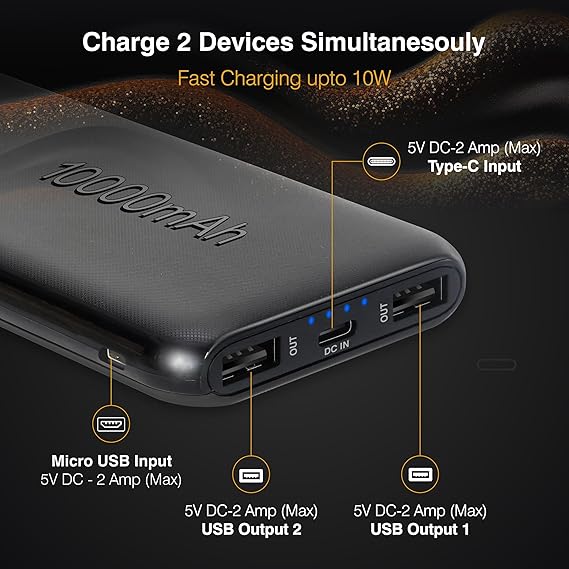 ERD PB-10KE Lithium-Polymer, 2 USB Output, 12W Power Bank, 10000mAh Type-C and Micro USB Input Ports, Compatible with Smartphones, Smart Watches, Neckbands & Other Devices,
