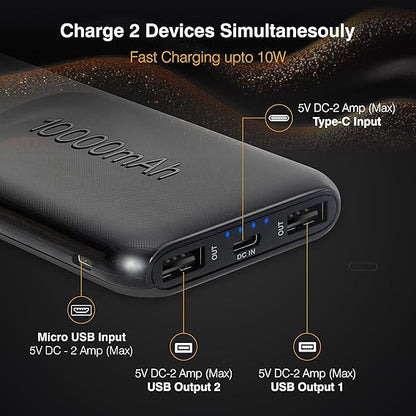 ERD PB-10KE Lithium-Polymer, 2 USB Output, 12W Power Bank, 10000mAh Type-C and Micro USB Input Ports, Compatible with Smartphones, Smart Watches, Neckbands & Other Devices,