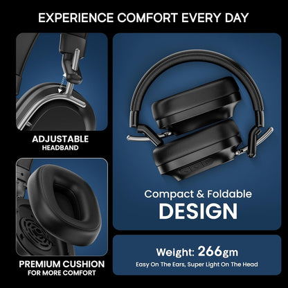 HAMMER Bash Pro 33 dB Hybrid ANC Over Ear Wireless Headphones, 4 Mics for Clear Calling, Charge 10mins = 300mins playtime, 40mm Driver, Transparency Mode, 37Hrs Playtime, Super soft Cushion, 5.3