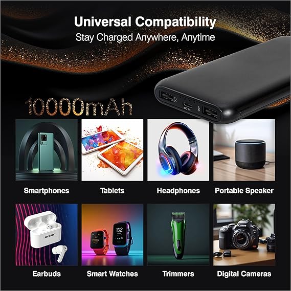 ERD PB-10KE Lithium-Polymer, 2 USB Output, 12W Power Bank, 10000mAh Type-C and Micro USB Input Ports, Compatible with Smartphones, Smart Watches, Neckbands & Other Devices,