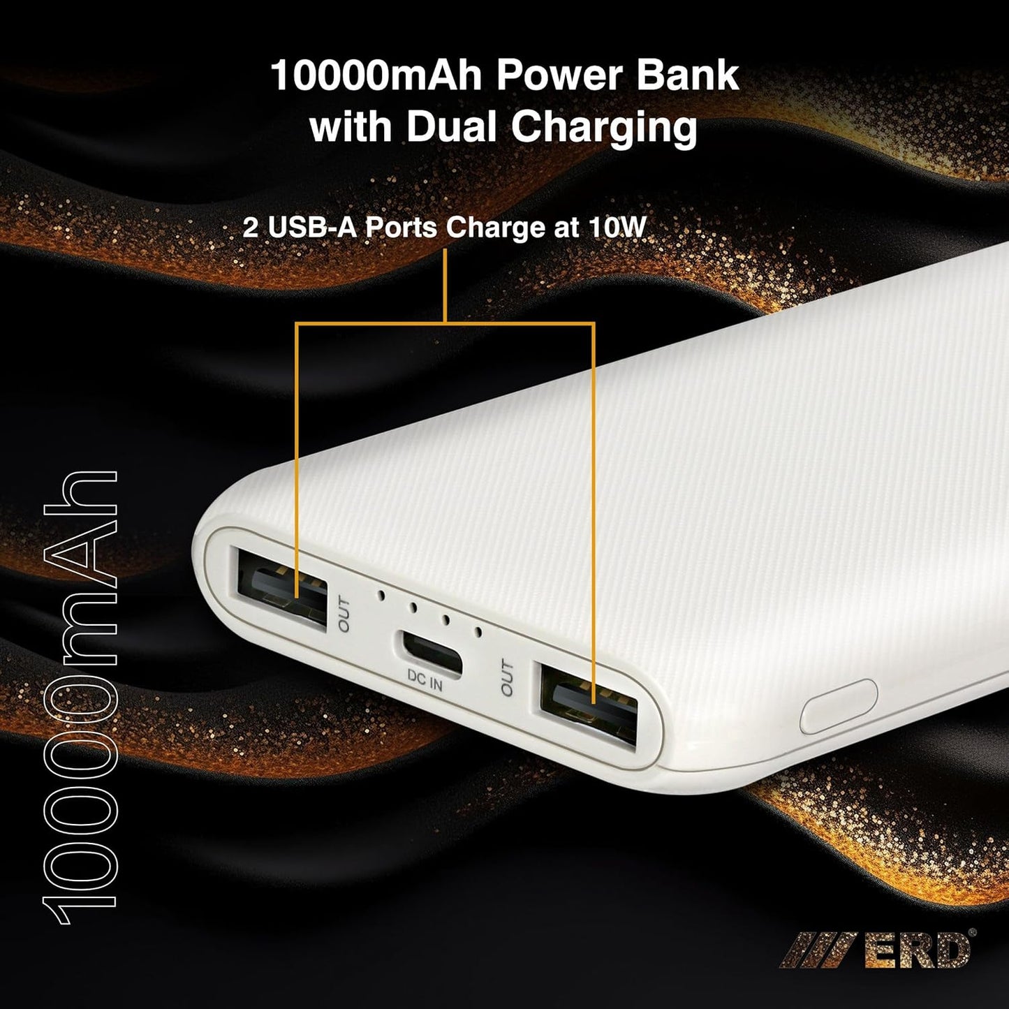 ERD PB-10KE Lithium-Polymer, 2 USB Output, 12W Power Bank, 10000mAh Type-C and Micro USB Input Ports, Compatible with Smartphones, Smart Watches, Neckbands & Other Devices,