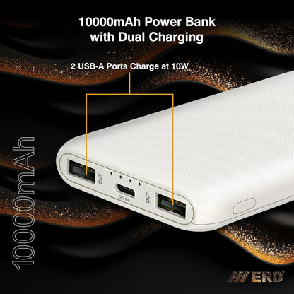 ERD PB-10KE Lithium-Polymer, 2 USB Output, 12W Power Bank, 10000mAh Type-C and Micro USB Input Ports, Compatible with Smartphones, Smart Watches, Neckbands & Other Devices,