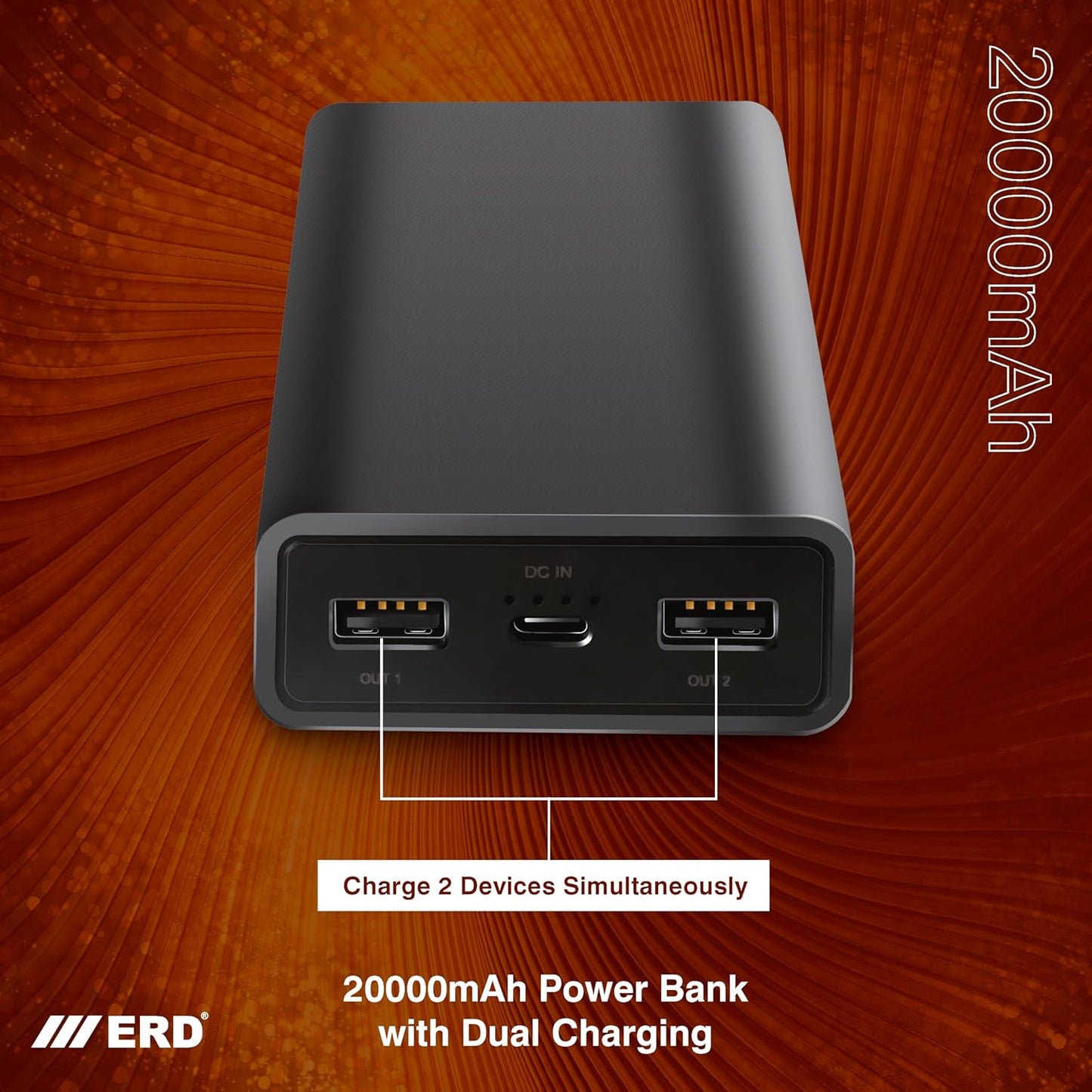 ERD PB-20KE 20000 mAh Li-Polymer Power Bank | Fast Charging Portable Charger to Charges 2 Devices Simultaneously for iPhones, Android Phones, Smart Watches & More