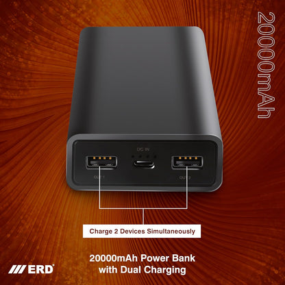 ERD PB-20KE 20000 mAh Li-Polymer Power Bank | Fast Charging Portable Charger to Charges 2 Devices Simultaneously for iPhones, Android Phones, Smart Watches & More
