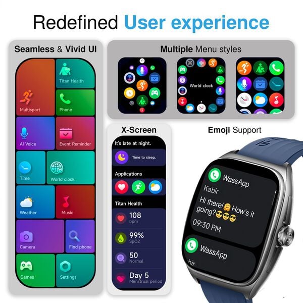 Titan Evolution Smartwatch Comes with 1.85‚Äù AMOLED Display with 390 * 450 Pixel Resolution|SingleSync BT Calling|AI Voice Assistant|100+ Sports Modes and Watchfaces|Upto 7 Day Battery|IP68