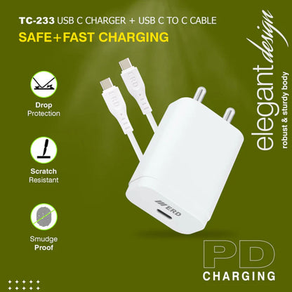 ERD TC-233, 33W Charger with C to C Charging Cable PD+QC Protocol (White)