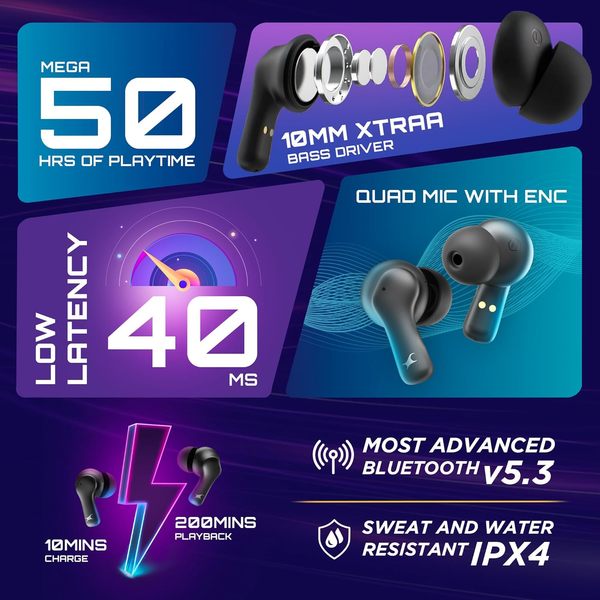 Fastrack Fpods FZ100|BT5.3 TWS Earbuds, Mega 50Hrs Playtime, Extra Deep Bass, Quad Mic ENC for Crystal Clear Calls, Ultra Low Latency Gaming Mode Upto 40ms, 3C NitroFast Charge - 200 Mins in 10 Mins