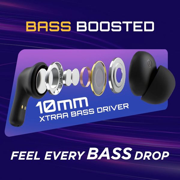 Fastrack Fpods FZ100|BT5.3 TWS Earbuds, Mega 50Hrs Playtime, Extra Deep Bass, Quad Mic ENC for Crystal Clear Calls, Ultra Low Latency Gaming Mode Upto 40ms, 3C NitroFast Charge - 200 Mins in 10 Mins