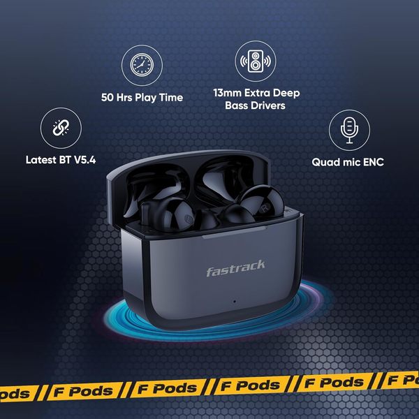 Fastrack Fpods FQ100 Pro|50 Hrs Play Time |ANC Quad mic ENC | Low Latency Gaming Mode - 40ms | 13mm Extra Deep Bass Drivers |InstaSync| NitroFast Charge -200 Mins in 10 Mins|BT5.4|IPX4